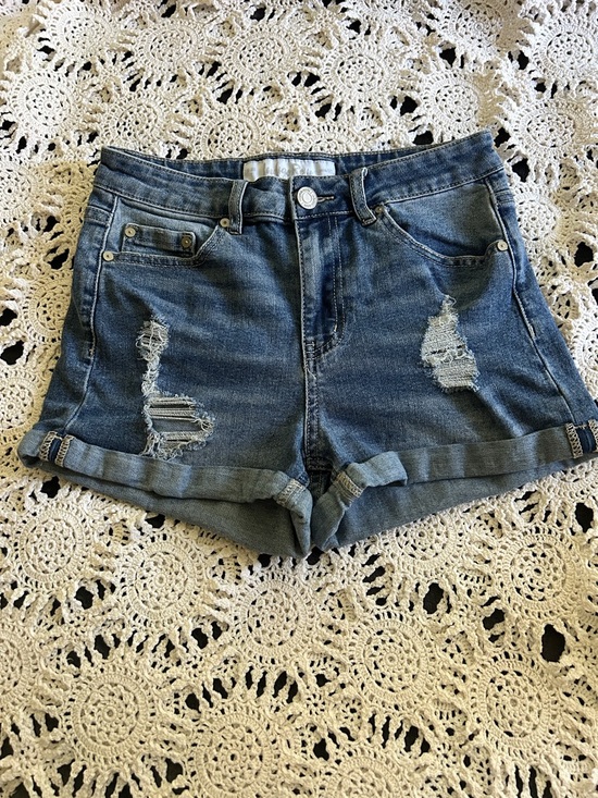 Indigo Rein Pants - Indigo Rein Medium Blue Distressed Roll-Hem Denim Shorts